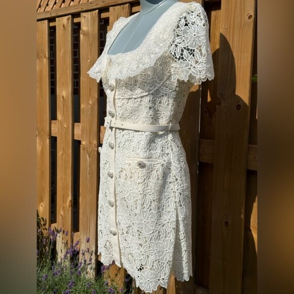 🆕 SELF-PORTRAIT 🧿 NWT Cream Guipure Lace Belted Mini Dress, Sz UK 10 US 6 - Picture 6 of 16
